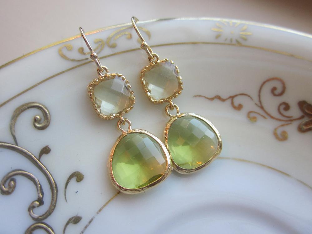 Peridot Earrings Green Citrine Block Gold Plated - Bridesmaid Earrings Wedding Earrings Bridal Earrings