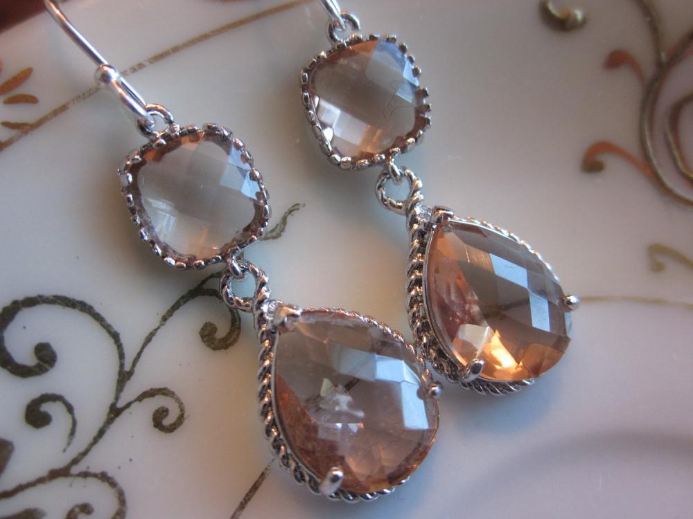 Champagne Earrings Peach Silver Earrings Teardrop Glass Two Tier - Bridesmaid Earrings Wedding Earrings Bridal Earrings