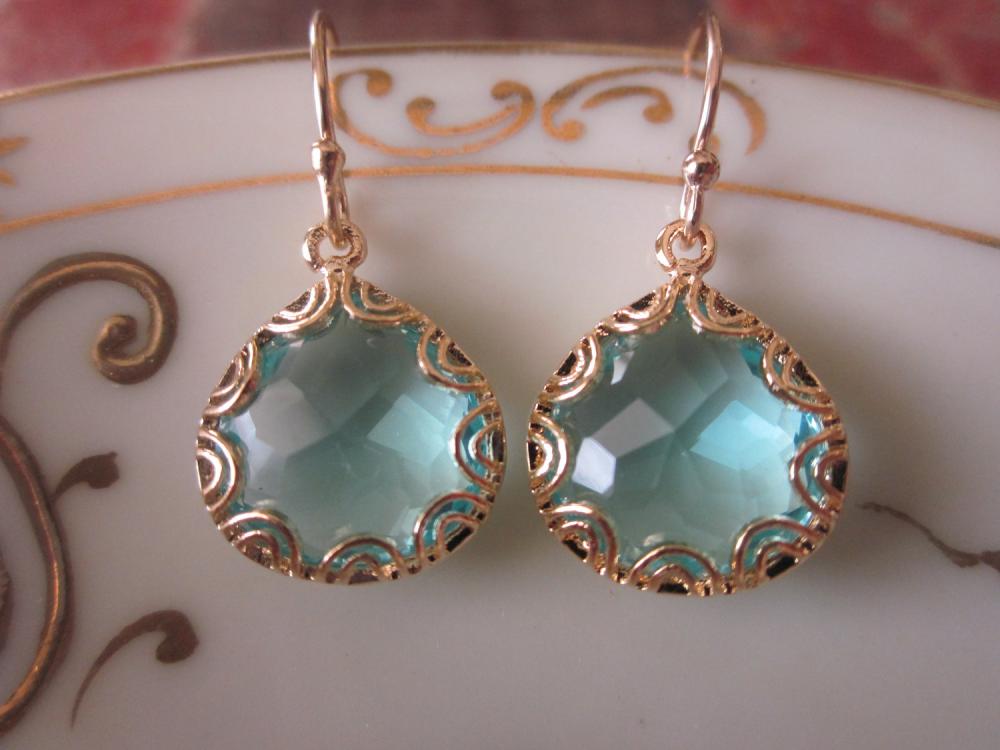 Gold Aquamarine Earrings - Pear Shape with Gold Design - Bridesmaid Earrings - Wedding Earrings