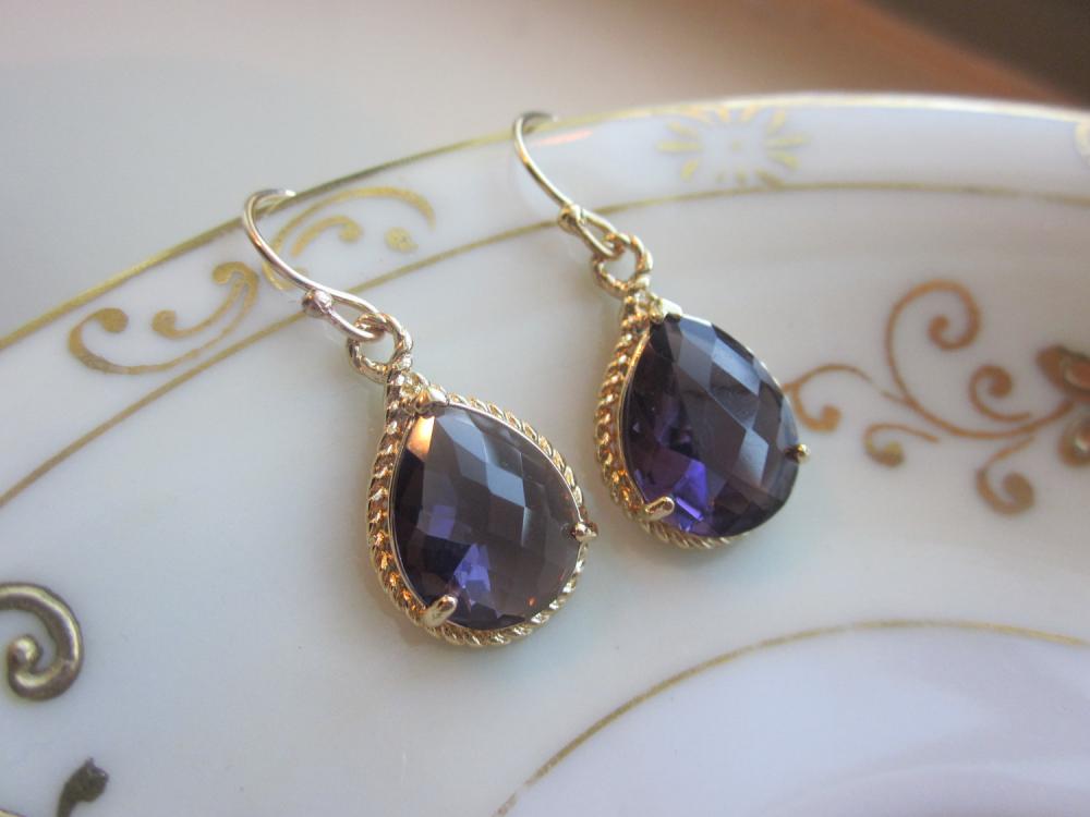 Amethyst Earrings Purple Gold Teardrop Pendant - Bridesmaid Earrings Wedding Earrings Bridal Earrings