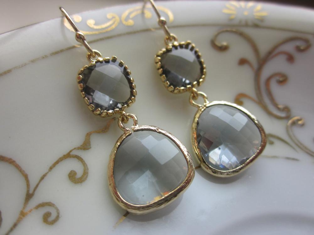 Charcoal Gray Earrings Gold Plated Two Tier Bridesmaid Earrings