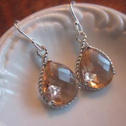 Champagne Earrings Peach Silver Earrings Teardrop Glass - Bridesmaid Earrings Wedding Earrings Bridal Earrings