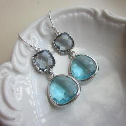 Silver Charcoal Gray Earrings Aquamarine Earrings Blue Two Tier - Bridesmaid Earrings - Bridal Earrings - Wedding