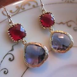 Amethyst Earrings Garnet Square Two Tier Gold Earrings - Bridesmaid Earrings Wedding Earrings Bridal Earrings