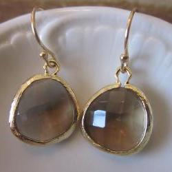 Smoky Brown Earrings - 16k Gold Plated Glass Earrings - Bridesmaid Earrings - Bridal Earrings
