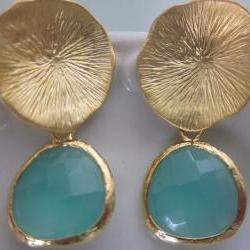 Aqua Blue Earrings Gold Mushroom Coral - Sterling Silver Posts - Bridesmaid Earrings - Bridal Earrings