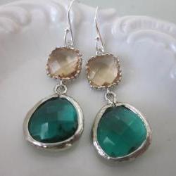 Emerald Green Earrings Champagne Pink Block Earrings - Sterling Silver Earwires - Bridesmaid Earrings - Bridal Earrings
