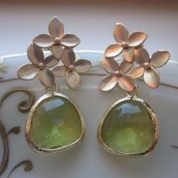 Peridot Earrings Apple Green Gold Cherry Blossom - Sterling Silver Posts - Bridesmaid Earrings - Bridal Earrings - Wedding Jewelry