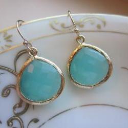 Pacific Aqua Earrings Blue Gold Large Gems - Bridesmaid Earrings Wedding Earrings