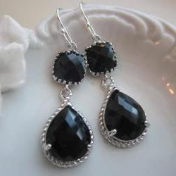 Black Earrings Onyx Silver Two Tier Earrings Teardrop Glass - Bridesmaid Earrings Wedding Earrings Bridal Earrings