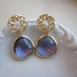 Tanzanite Earrings Purple Matte Gold Circle - Gold Plated Gem - Bridesmaid Earrings - Bridal Earrings