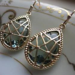 Charcoal Gray Earrings Gold Twisted - Bridesmaid Earrings - Bridal Earrings - Wedding Earrings