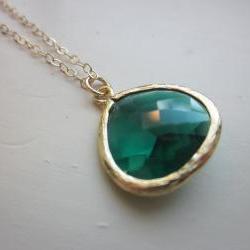 Emerald Green Necklace Gold Plated Large Pendant - Gold Filled Chain - Wedding Jewelry - Bridesmaid Jewelry - Bridesmaid Necklace