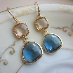 Champagne Peach Earrings Sapphire Navy Gold Plated - Bridesmaid Earrings - Wedding Earrings - Bridal Earrings