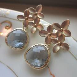 Charcoal Gray Earrings Gold Cherry Blossom - Sterling Silver Posts - Bridesmaid Earrings - Bridal Earrings - Wedding Jewelry
