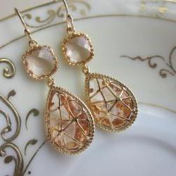 Champagne Peach Earrings Pink Gold Twisted Design - Bridesmaid Earrings Wedding Earrings Bridal Earrings
