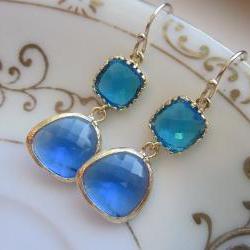 Cobalt Blue Earrings Sea Blue Gold Two Tier Earrings - Gold Plated - Bridesmaid Earrings Wedding Earrings Bridal Earrings