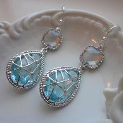 Crystal Aquamarine Earrings Blue Sterling Silver Earwires - Bridesmaid Earrings Wedding Earrings